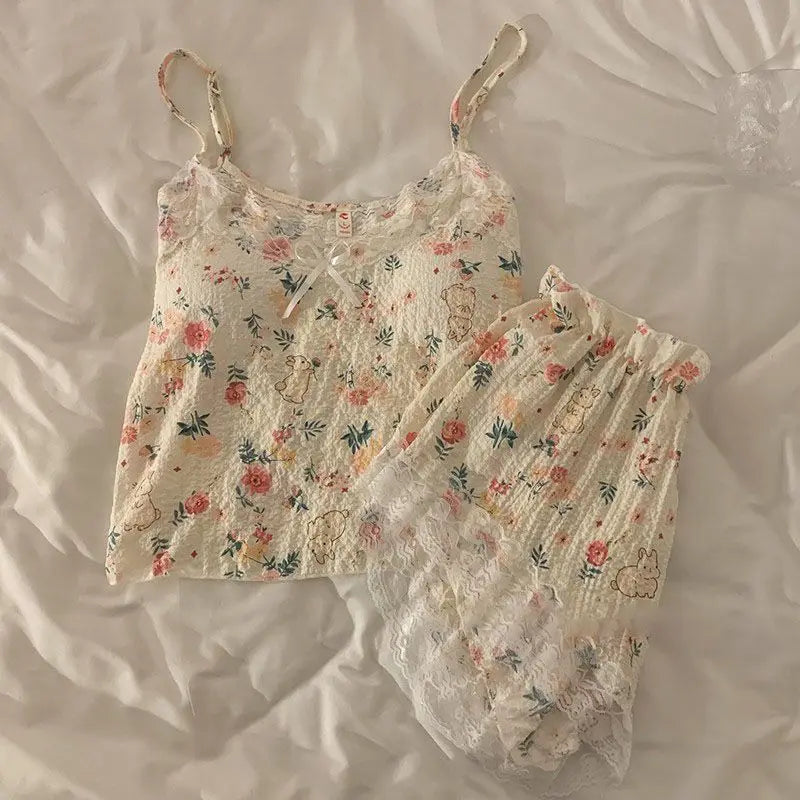 Pajama Sets Women Lace Sweet Summer Designed Popular Ins Style 2 Pcs Bow Aesthetic Comfortable Home Lounge Thin All-match